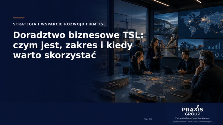 Spotkanie biznesowe z mapą świata na stole i ekranami pokazującymi transport TSL: ciężarówki, pociągi, magazyny